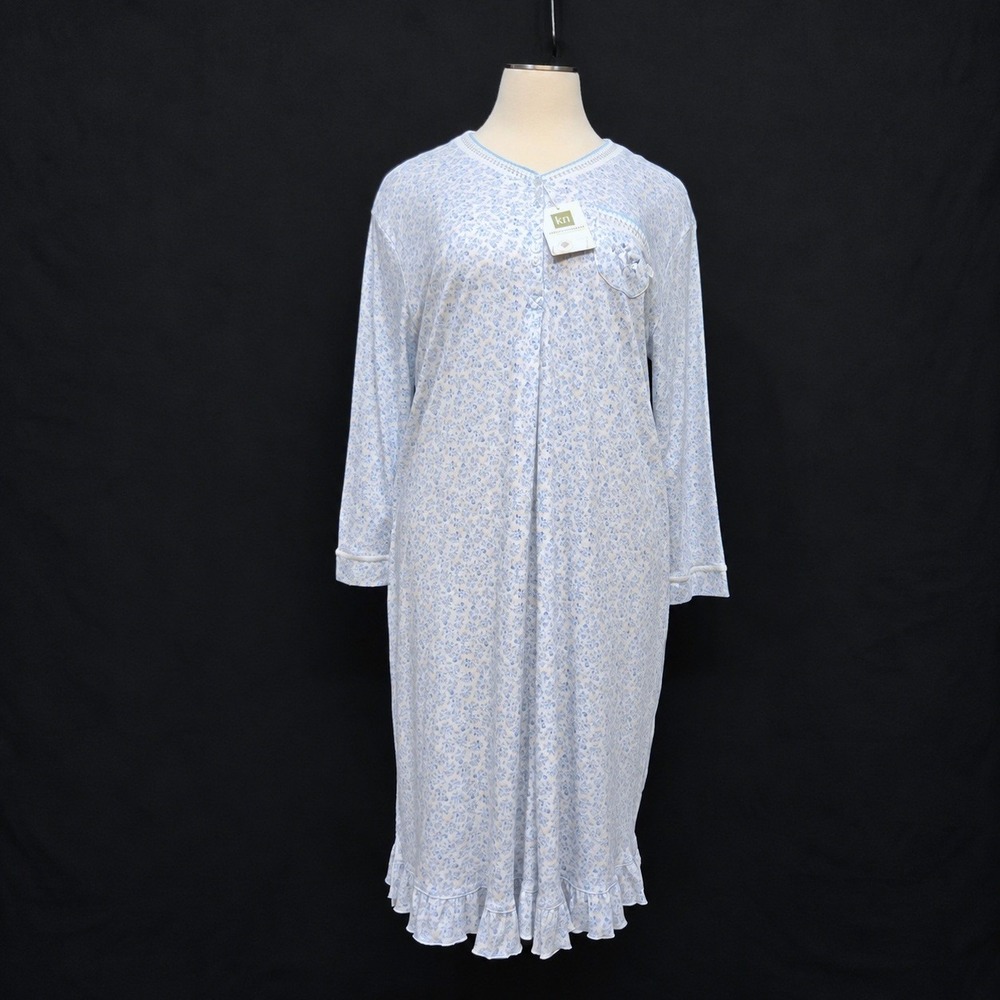 Karen Neuburger Nightgown 2X Blue Ditsy Floral Embroidered Long Sleeve Maxi NWT